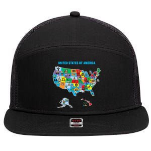 Colorful United States Of America Map Us Landmarks Icons 7 Panel Mesh Trucker Snapback Hat