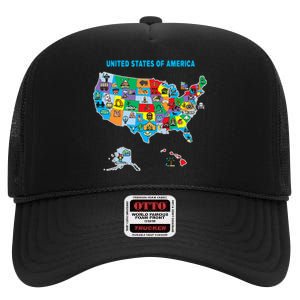 Colorful United States Of America Map Us Landmarks Icons High Crown Mesh Back Trucker Hat