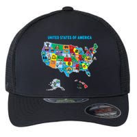 Colorful United States Of America Map Us Landmarks Icons Flexfit Unipanel Trucker Cap