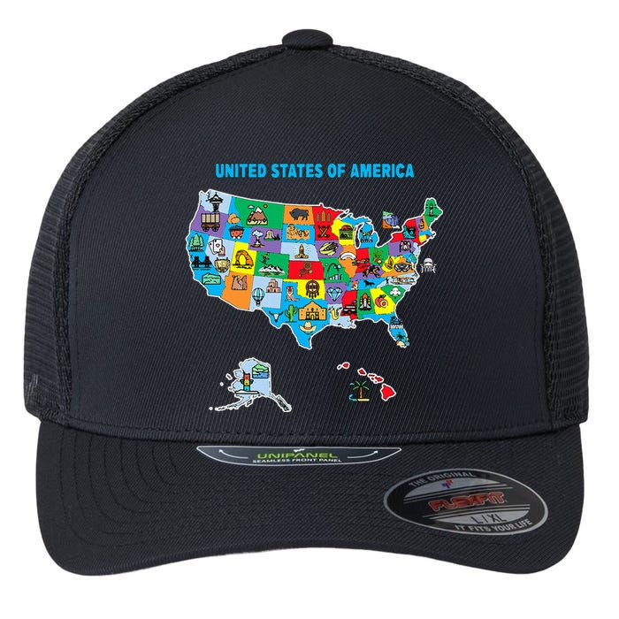 Colorful United States Of America Map Us Landmarks Icons Flexfit Unipanel Trucker Cap