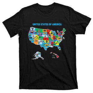 Colorful United States Of America Map Us Landmarks Icons T-Shirt