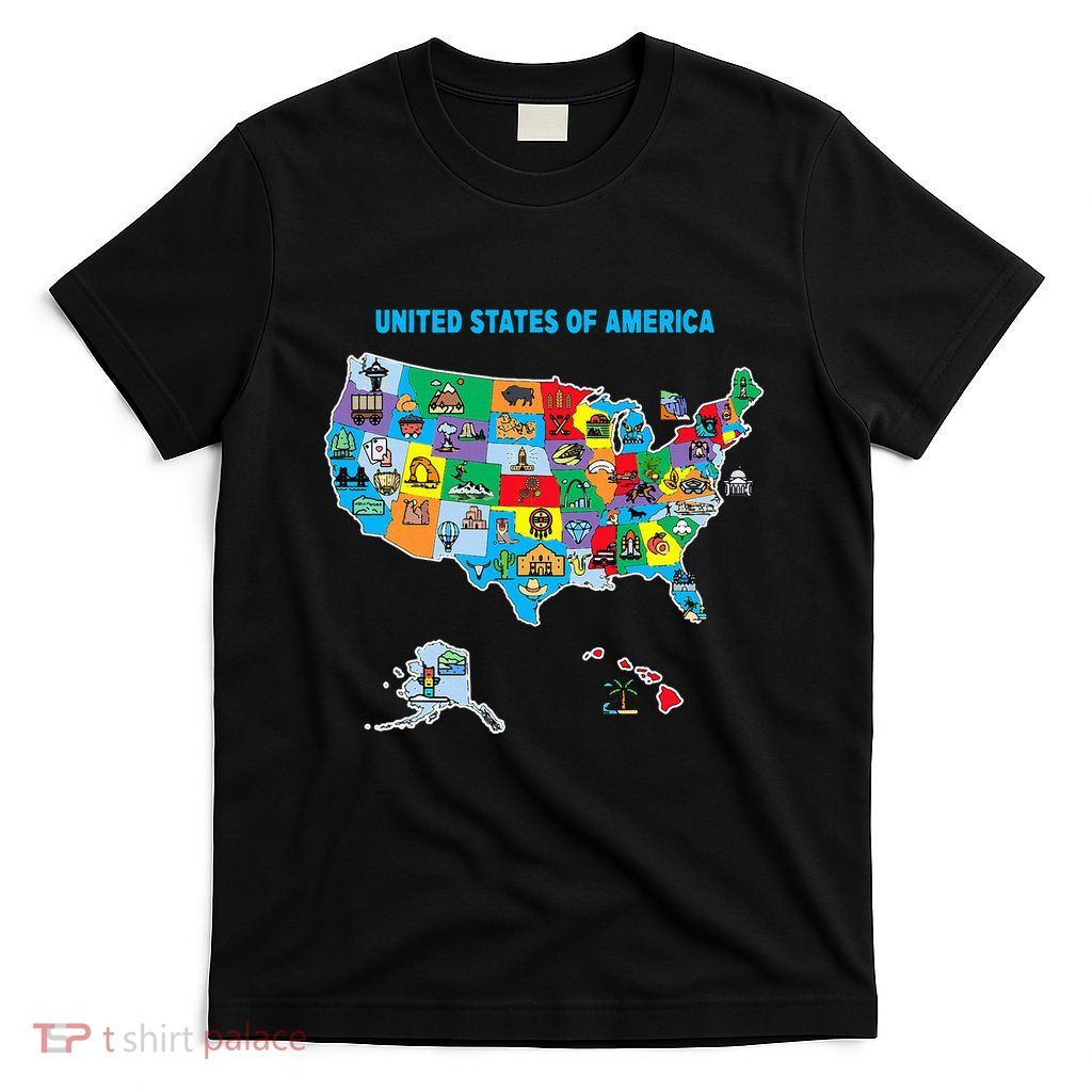 Colorful United States Of America Map Us Landmarks Icons T-Shirt