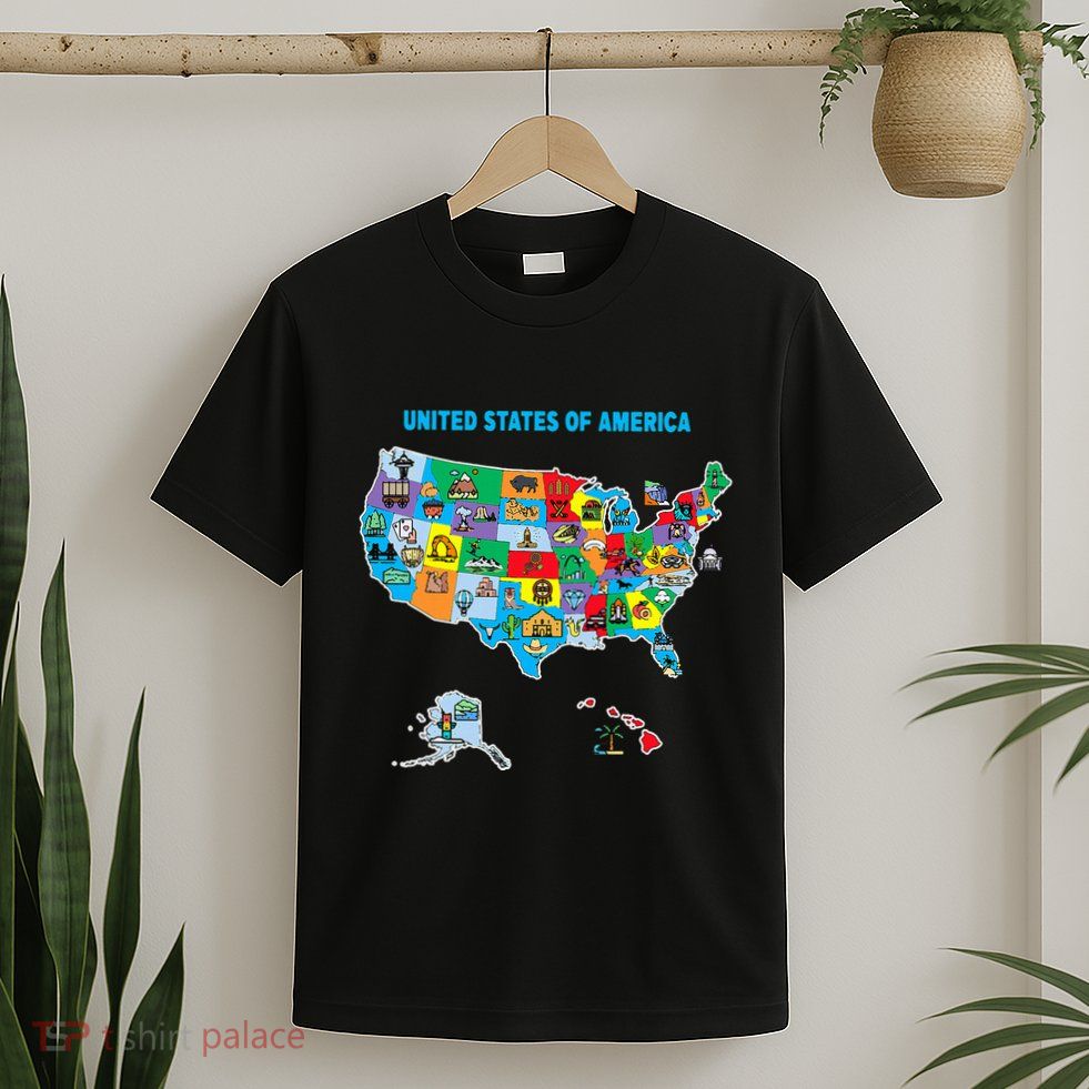 Colorful United States Of America Map Us Landmarks Icons T-Shirt