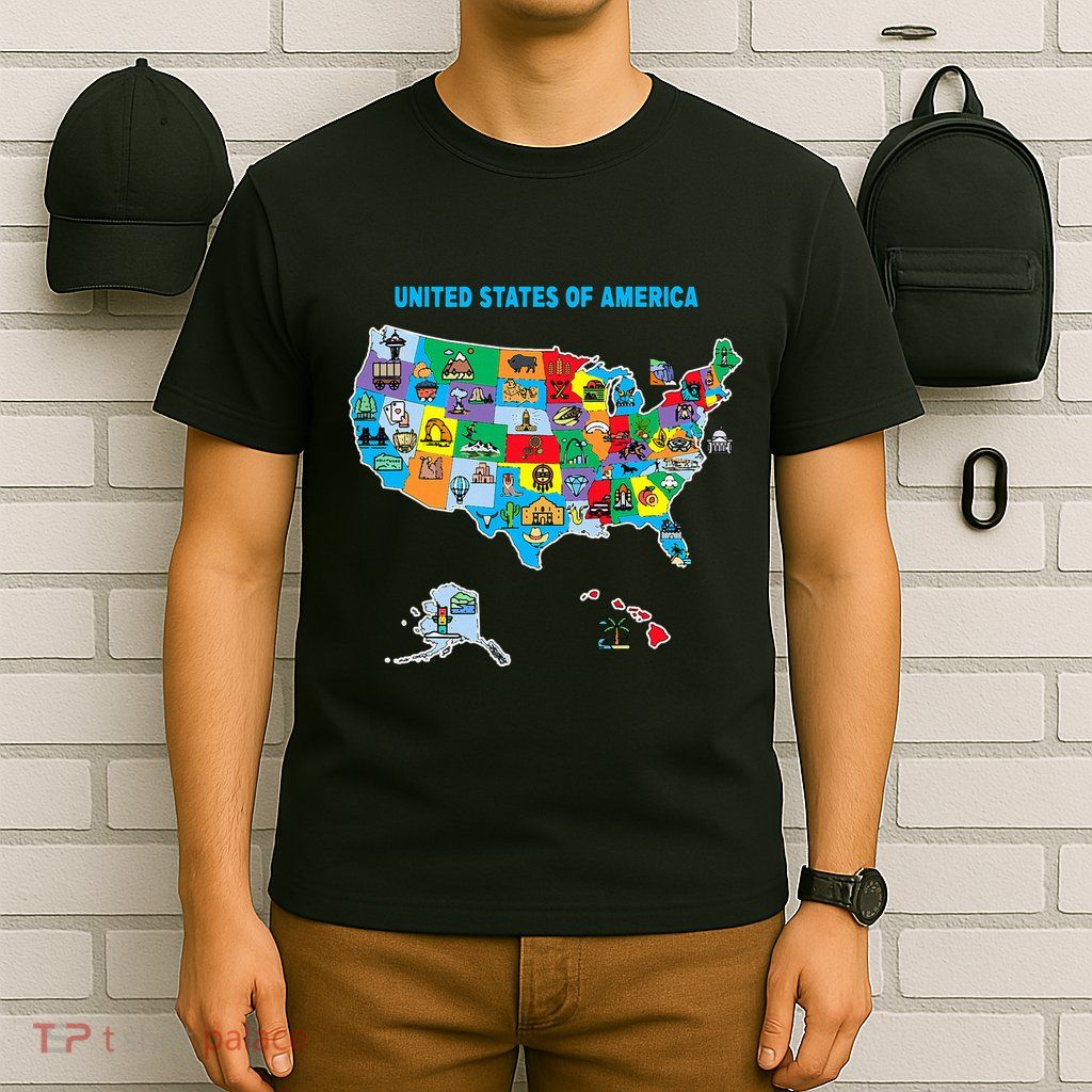 Colorful United States Of America Map Us Landmarks Icons T-Shirt