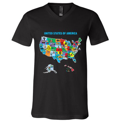 Colorful United States Of America Map Us Landmarks Icons V-Neck T-Shirt