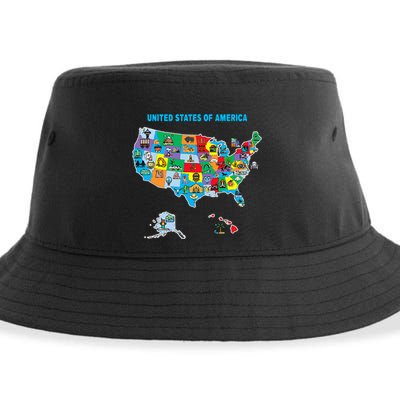 Colorful United States Of America Map Us Landmarks Icons Sustainable Bucket Hat