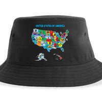 Colorful United States Of America Map Us Landmarks Icons Sustainable Bucket Hat