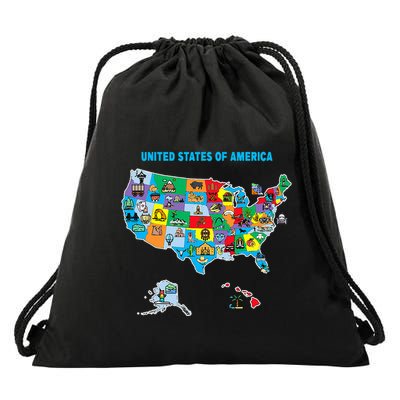 Colorful United States Of America Map Us Landmarks Icons Drawstring Bag