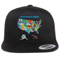 Colorful United States Of America Map Us Landmarks Icons Flat Bill Trucker Hat