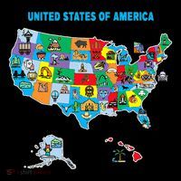 Colorful United States Of America Map Us Landmarks Icons Flatbill Hat
