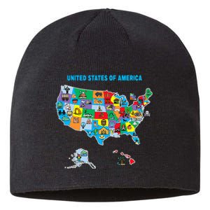 Colorful United States Of America Map Us Landmarks Icons Sustainable Beanie