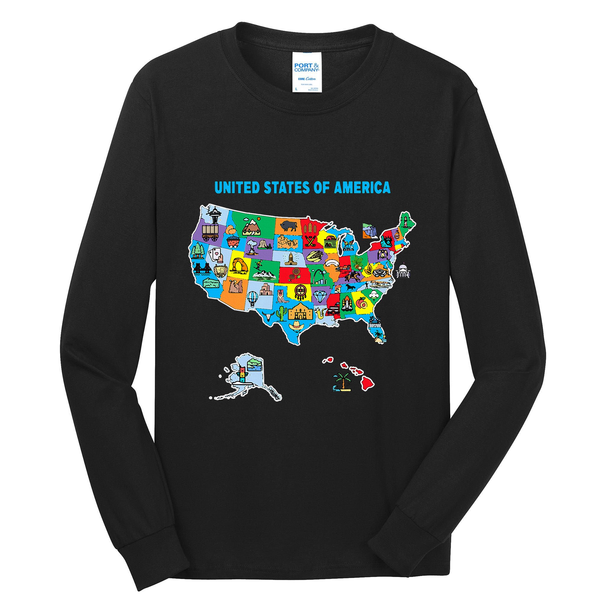 Colorful United States Of America Map Us Landmarks Icons Tall Long Sleeve T-Shirt