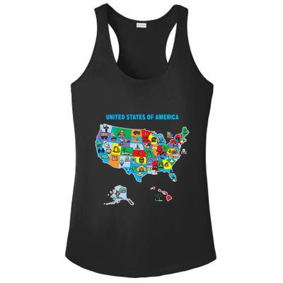 Colorful United States Of America Map Us Landmarks Icons Ladies PosiCharge Competitor Racerback Tank