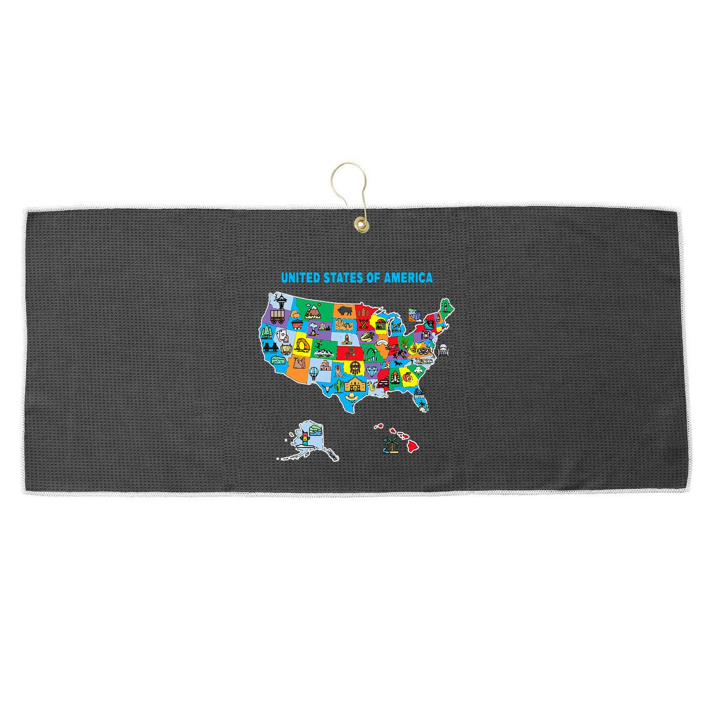 Colorful United States Of America Map Us Landmarks Icons Large Microfiber Waffle Golf Towel