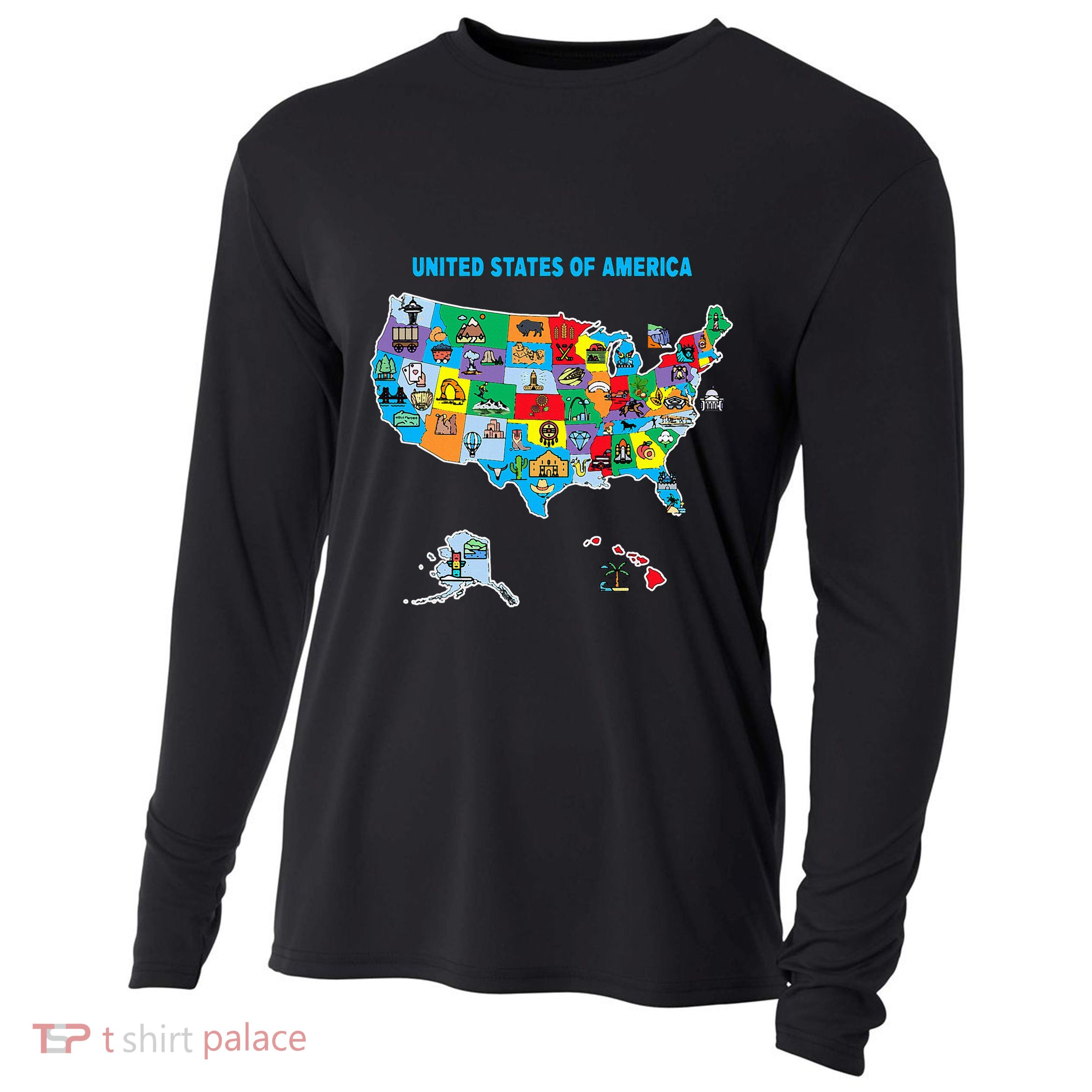Colorful United States Of America Map Us Landmarks Icons Cooling Performance Long Sleeve Crew