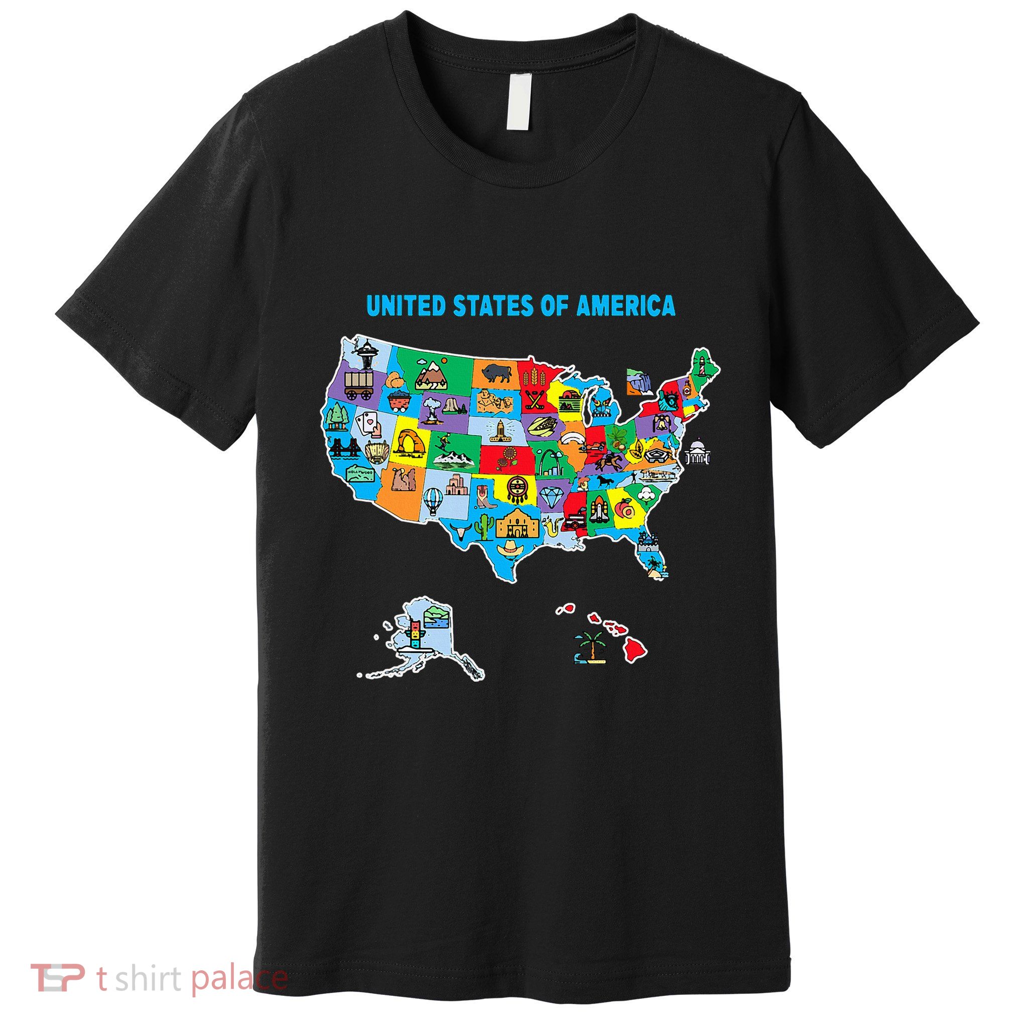Colorful United States Of America Map Us Landmarks Icons Premium T-Shirt
