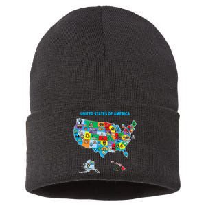 Colorful United States Of America Map Us Landmarks Icons Sustainable Knit Beanie