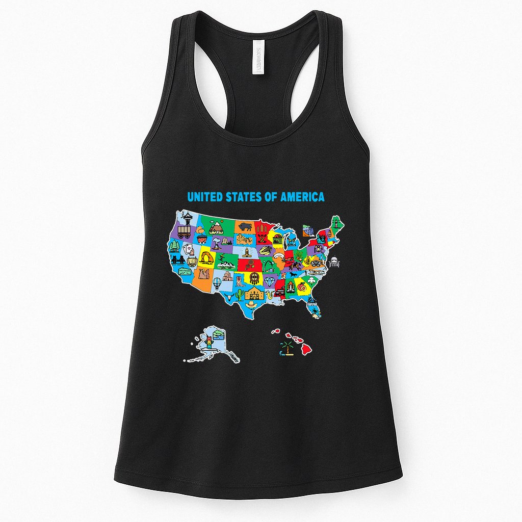 Colorful United States Of America Map Us Landmarks Icons Womens Tank Top