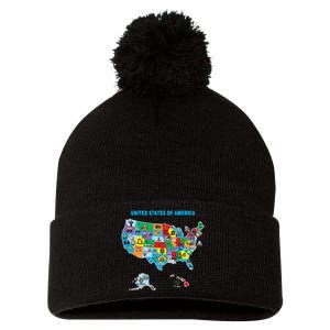 Colorful United States Of America Map Us Landmarks Icons Pom Pom 12in Knit Beanie