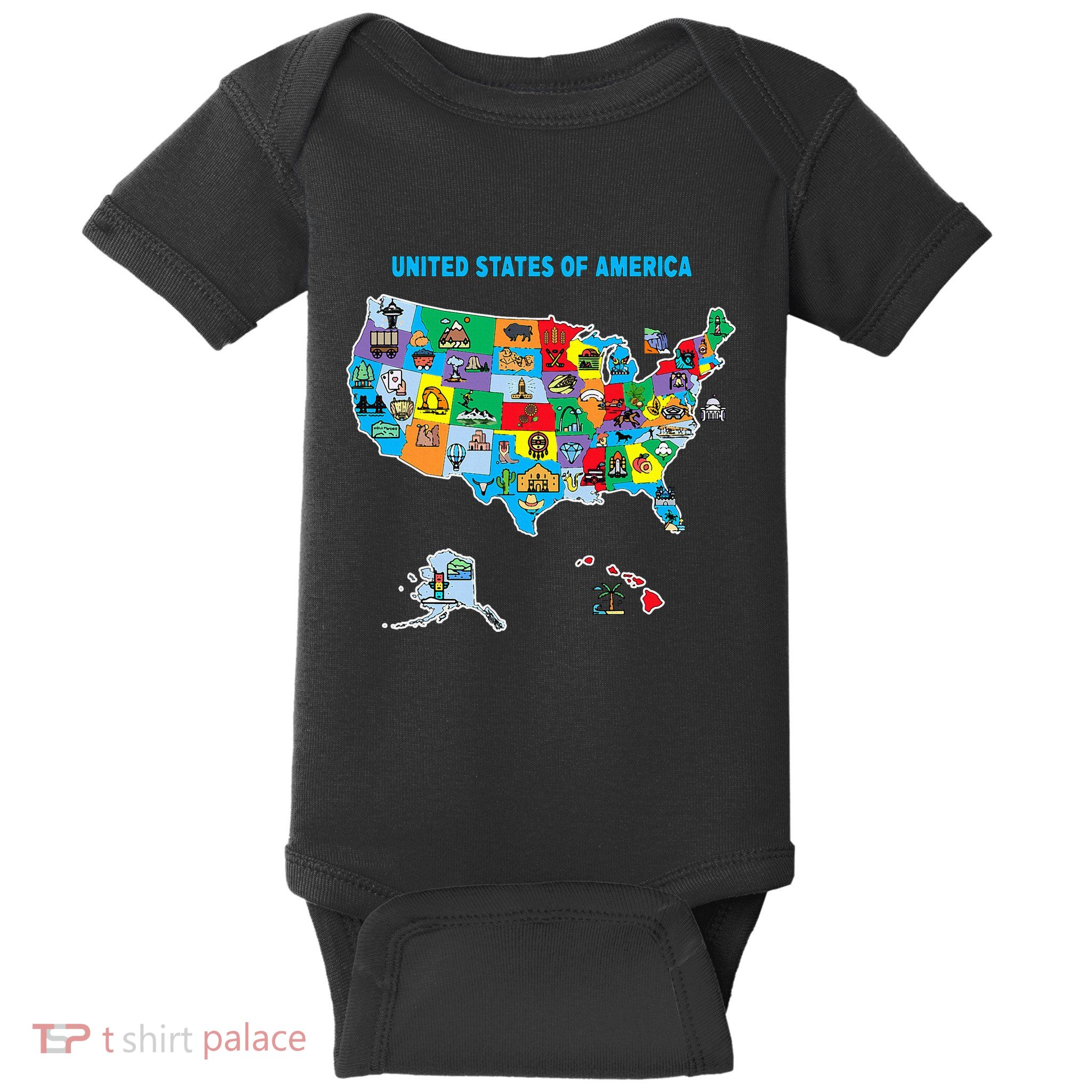 Colorful United States Of America Map Us Landmarks Icons Baby Bodysuit