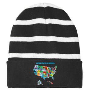 Colorful United States Of America Map Us Landmarks Icons Striped Beanie with Solid Band