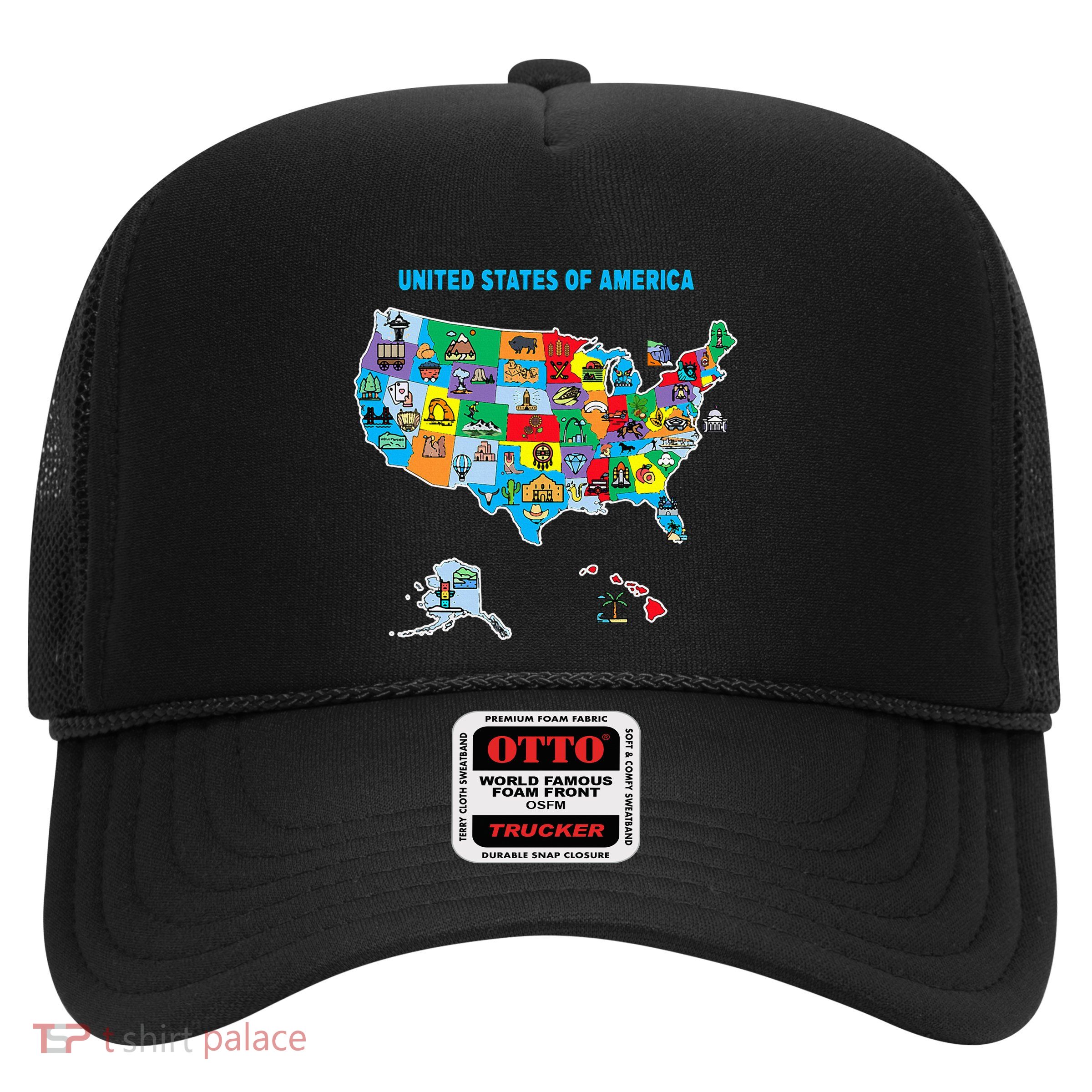 Colorful United States Of America Map Us Landmarks Icons Trucker Hat