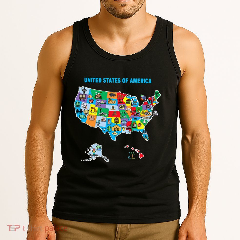 Colorful United States Of America Map Us Landmarks Icons Tank Top