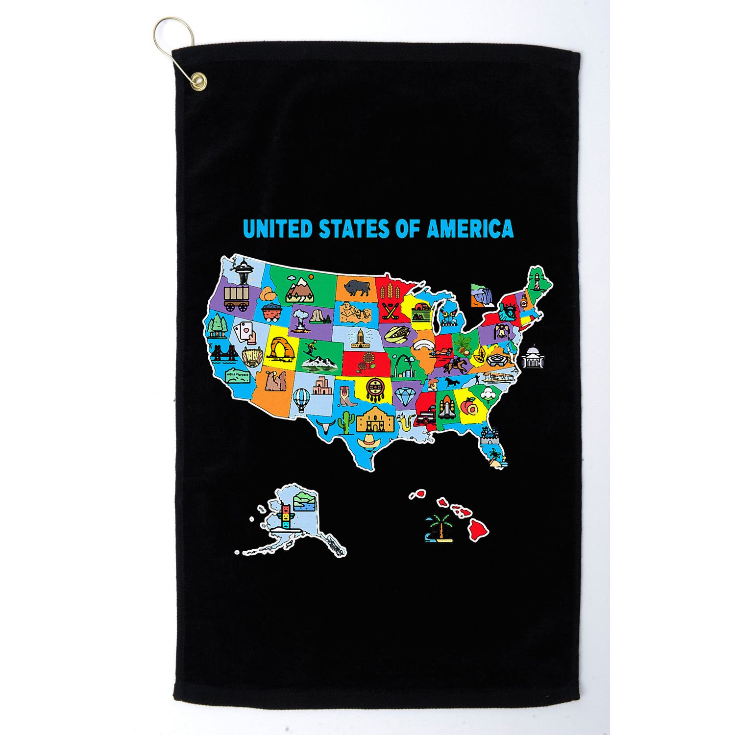Colorful United States Of America Map Us Landmarks Icons Golf Towel