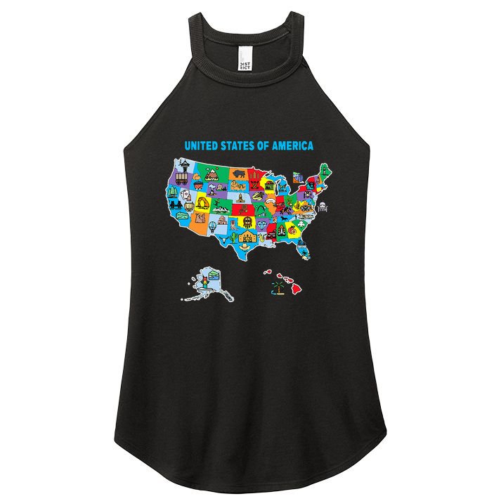 Colorful United States Of America Map Us Landmarks Icons Women's Perfect Tri Rocker Tank