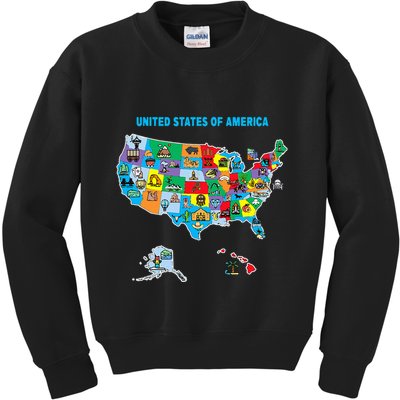 Colorful United States Of America Map Us Landmarks Icons Kids Sweatshirt