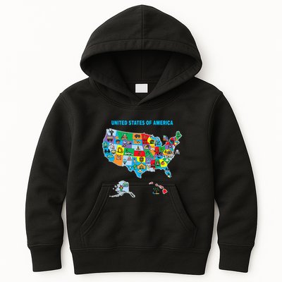 Colorful United States Of America Map Us Landmarks Icons Kids Hoodie