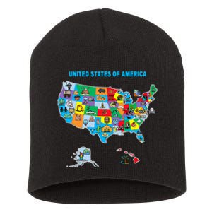 Colorful United States Of America Map Us Landmarks Icons Short Acrylic Beanie