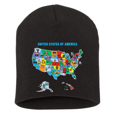 Colorful United States Of America Map Us Landmarks Icons Short Acrylic Beanie