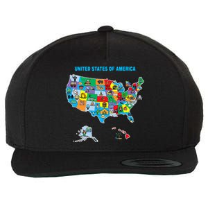 Colorful United States Of America Map Us Landmarks Icons Wool Snapback Cap