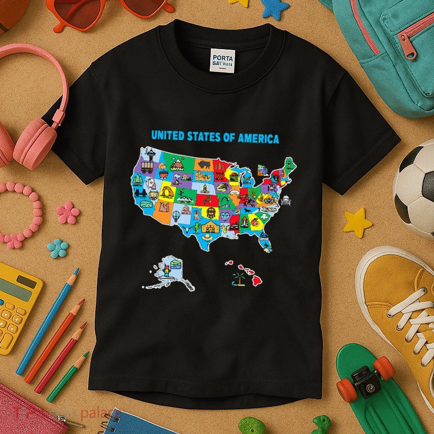 Colorful United States Of America Map Us Landmarks Icons Kids T-Shirt