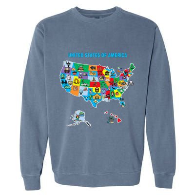 Colorful United States Of America Map Us Landmarks Icons Garment-Dyed Sweatshirt