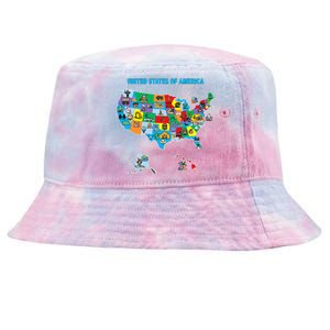 Colorful United States Of America Map Us Landmarks Icons Tie-Dyed Bucket Hat