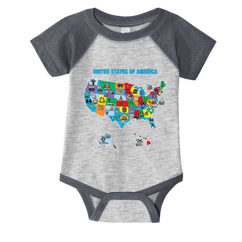 Colorful United States Of America Map Us Landmarks Icons Infant Baby Jersey Bodysuit