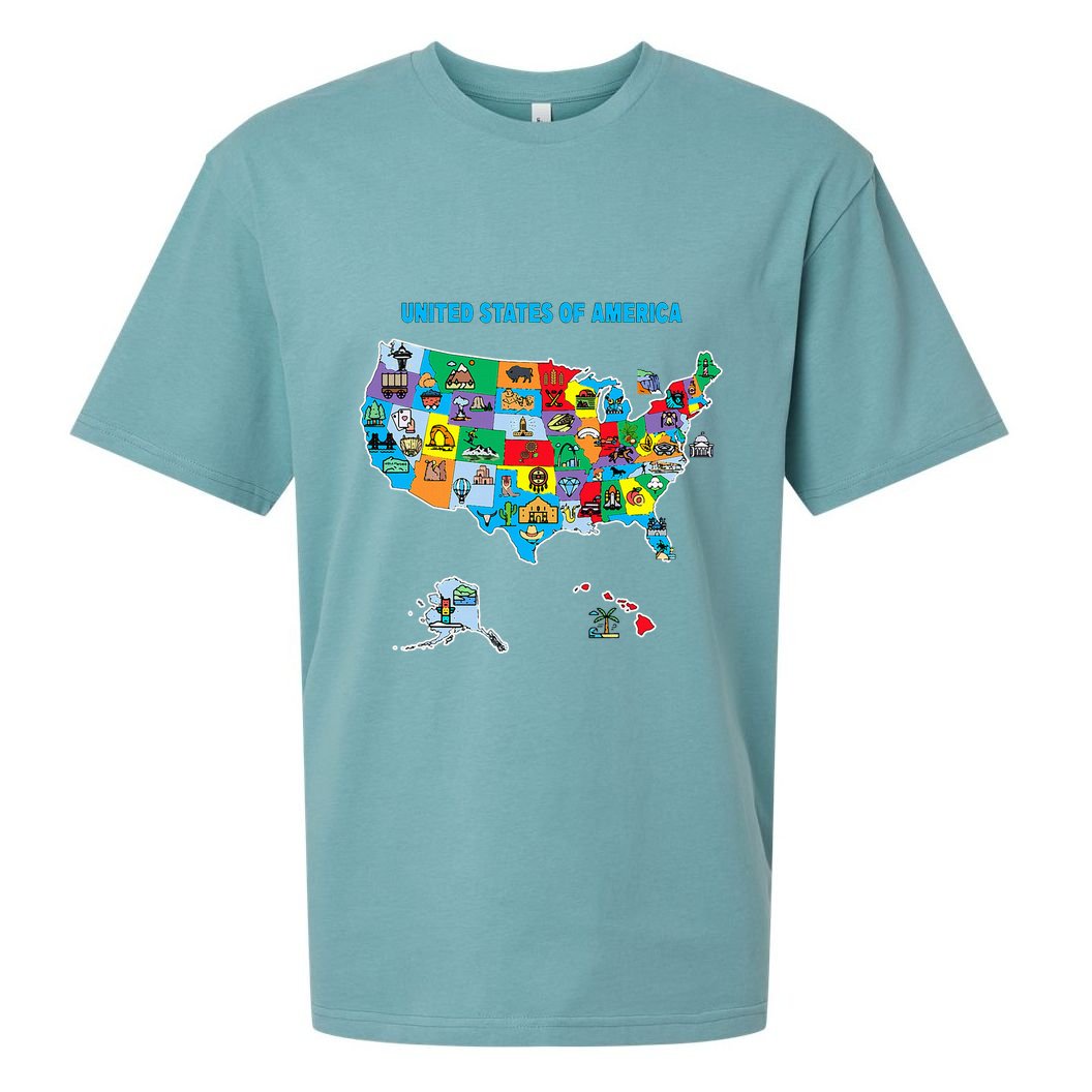 Colorful United States Of America Map Us Landmarks Icons Sueded Cloud Jersey T-Shirt