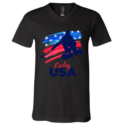 Curling USA Support The Team USA Flag Curl Clean V-Neck T-Shirt