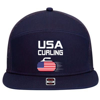 Curling USA Support Team American Flag Winter Sports Lovers 7 Panel Mesh Trucker Snapback Hat