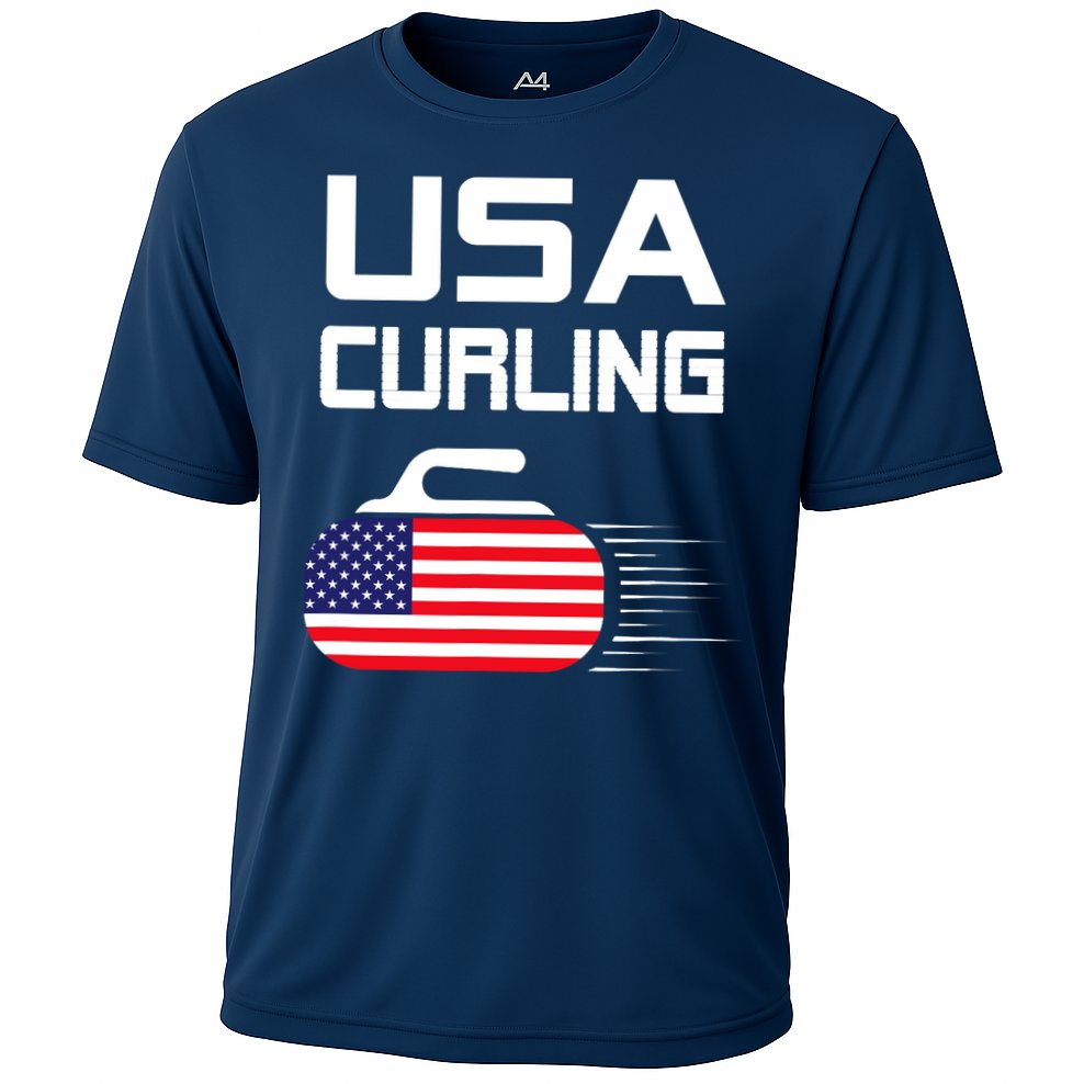 Curling USA Support Team American Flag Winter Sports Lovers Cooling Performance Crew T-Shirt