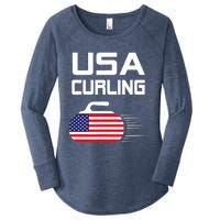 Curling USA Support Team American Flag Winter Sports Lovers Women's Perfect Tri Tunic Long Sleeve Shirt