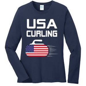 Curling USA Support Team American Flag Winter Sports Lovers Ladies Long Sleeve Shirt