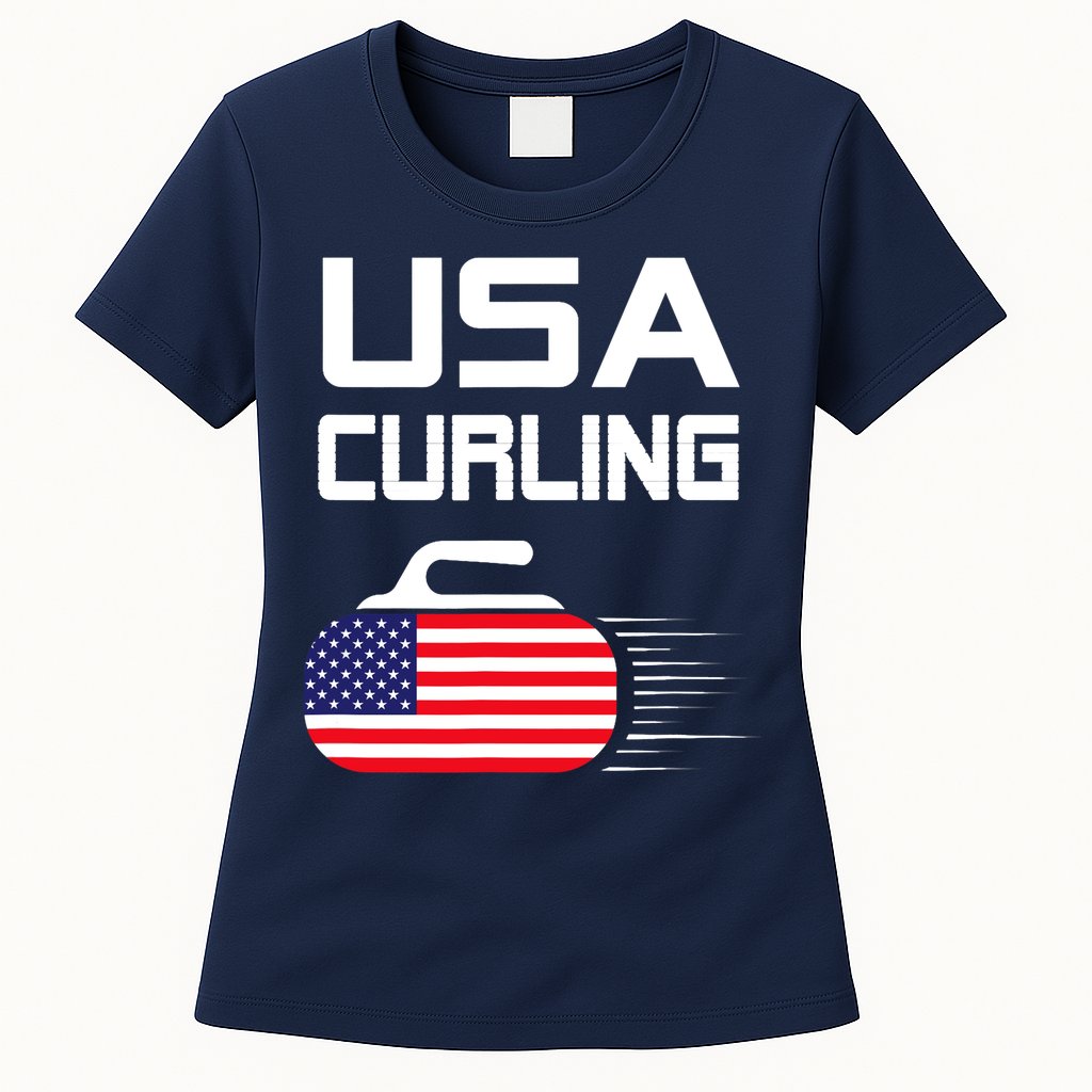Curling USA Support Team American Flag Winter Sports Lovers Womens T-Shirt