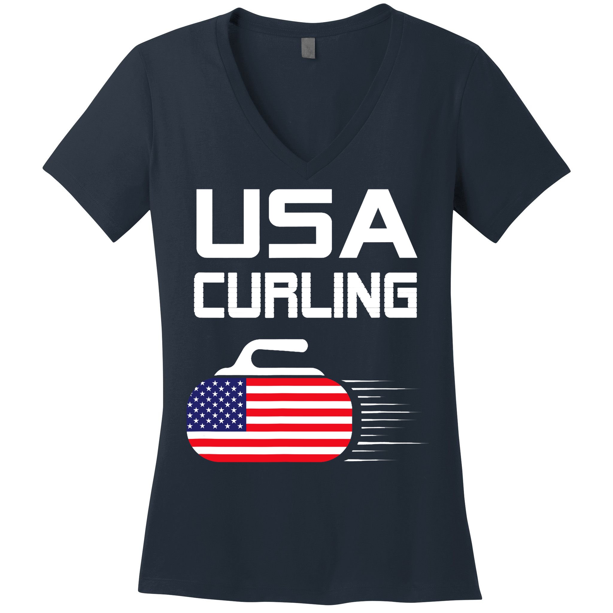 Curling USA Support Team American Flag Winter Sports Lovers Women's V-Neck T-Shirt