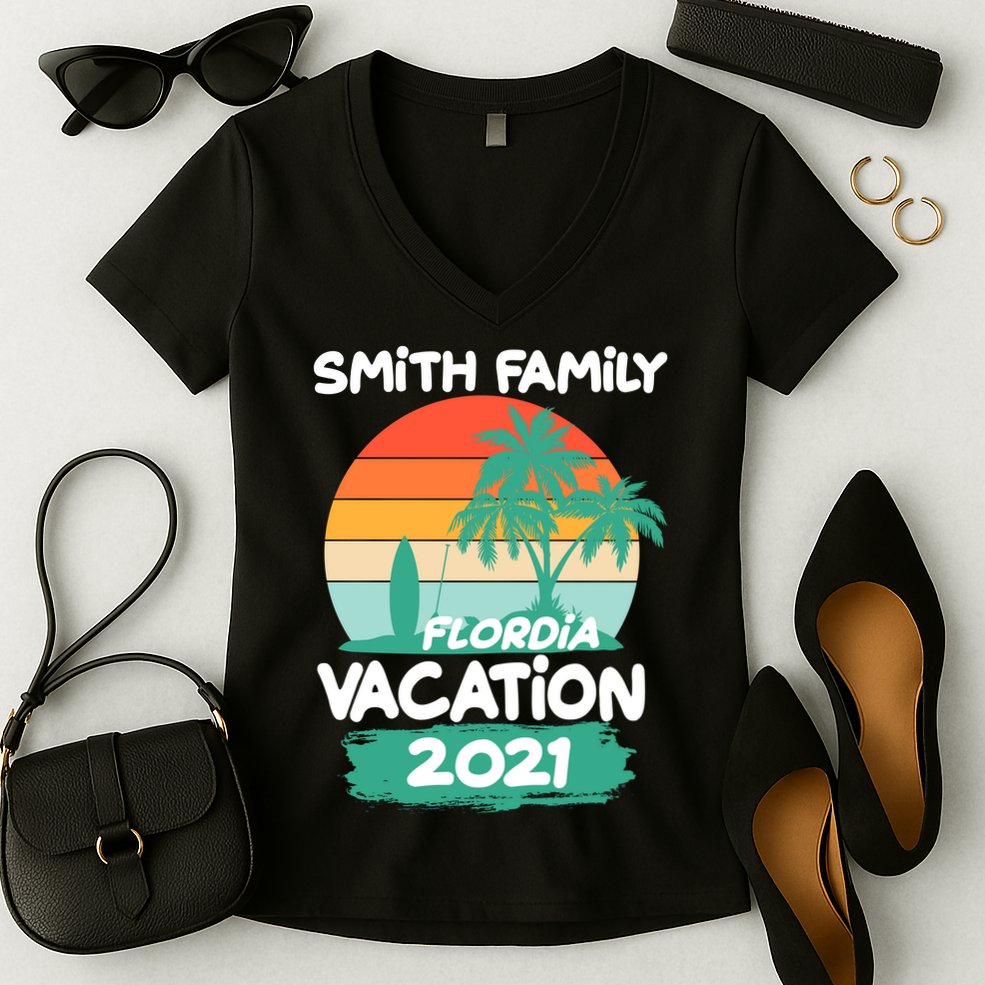 Custom Family Vacation Personalize Design Women's V-Neck T-Shirt