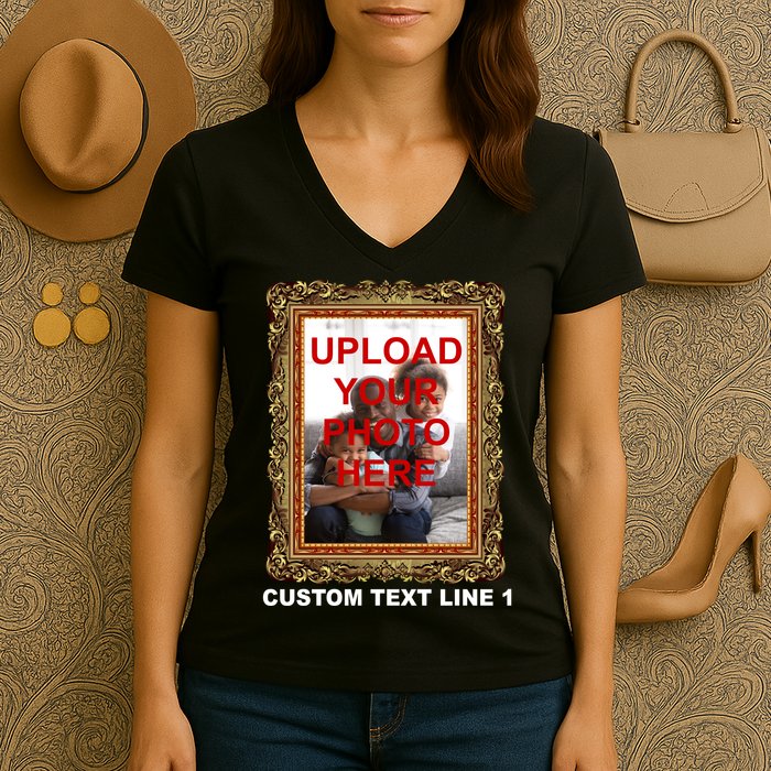 Custom Picture Frame Personalized Text And Photo Women's V-Neck T-Shirt