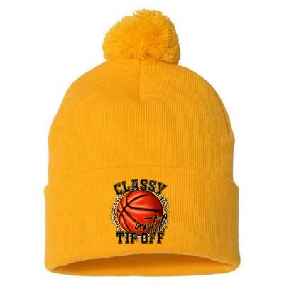 Classy Until Tip Off Funny Basketball Mom Leopard Pom Pom 12in Knit Beanie