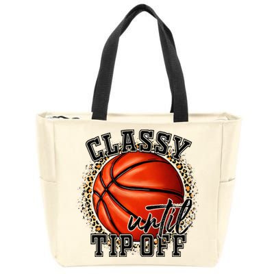 Classy Until Tip Off Funny Basketball Mom Leopard Zip Tote Bag